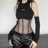 Black Sheer Mesh Bodysuit With Arm Sleeves